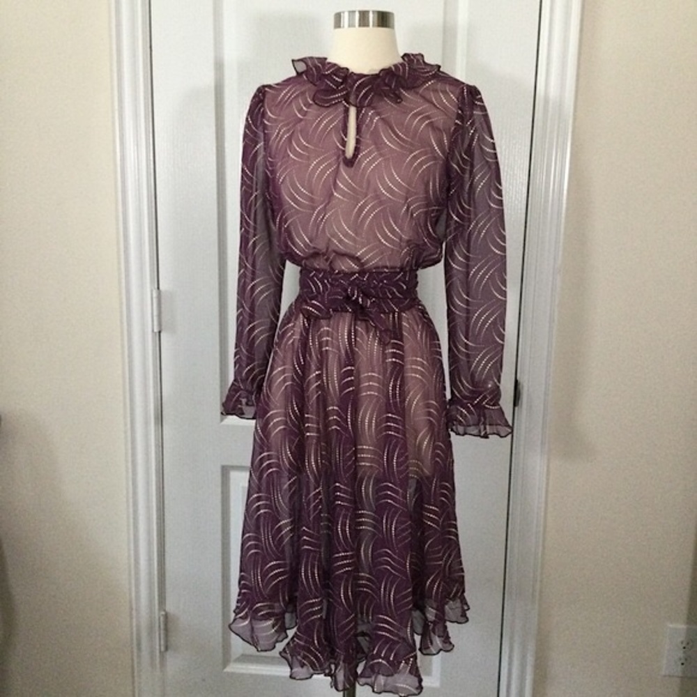1980s SHEER Keyhole Neckline Ruffled Dress w/ Belt Polka Dots Swirl Pattern S M
